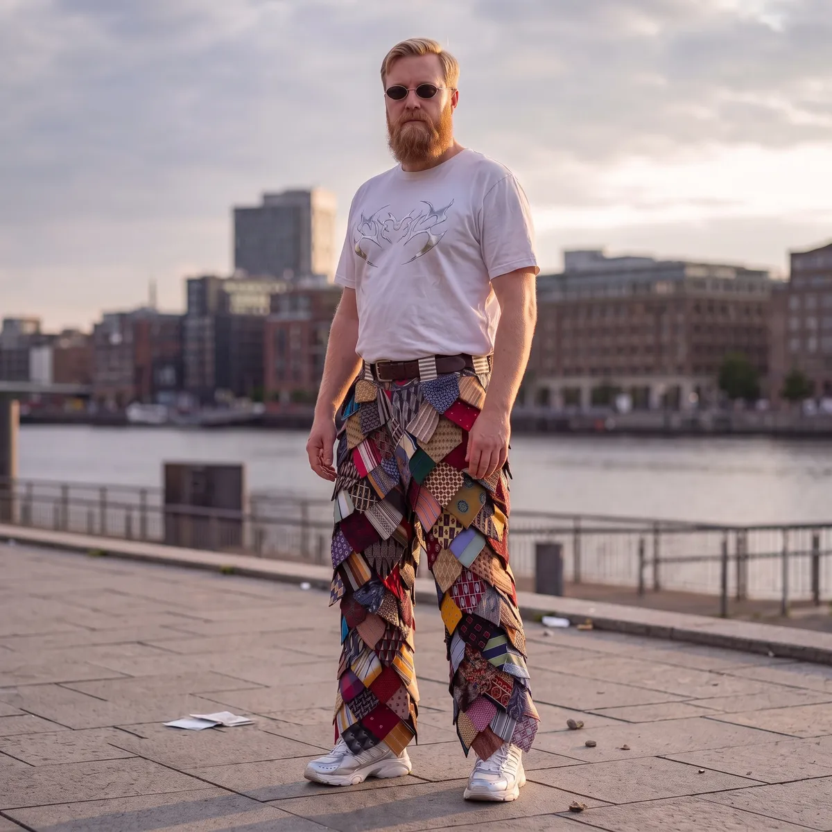 Pantalones de patchwork de corbatas — Front View Full Body Three Quarter