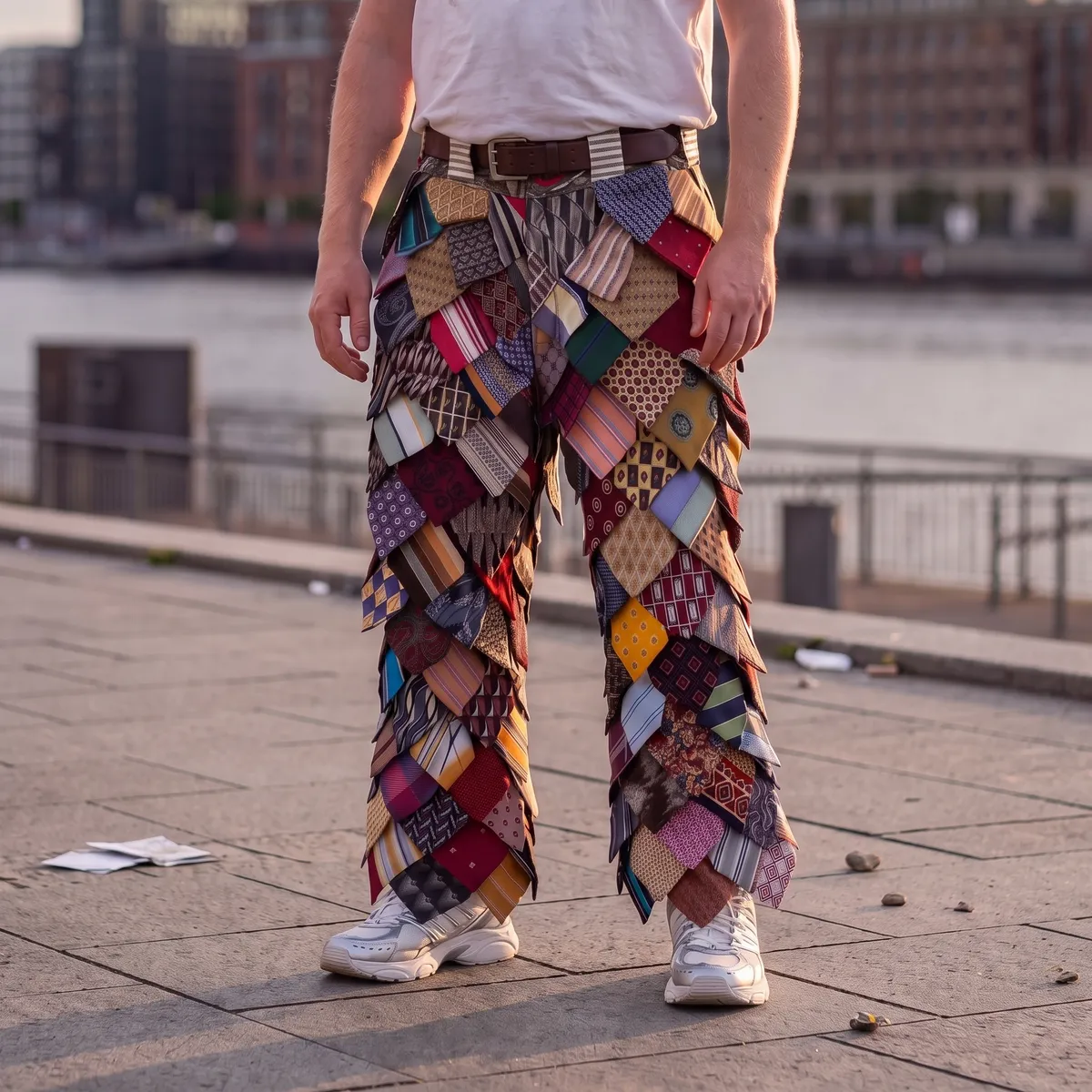Pantalones de patchwork de corbatas — Front View Half Body Bottoms