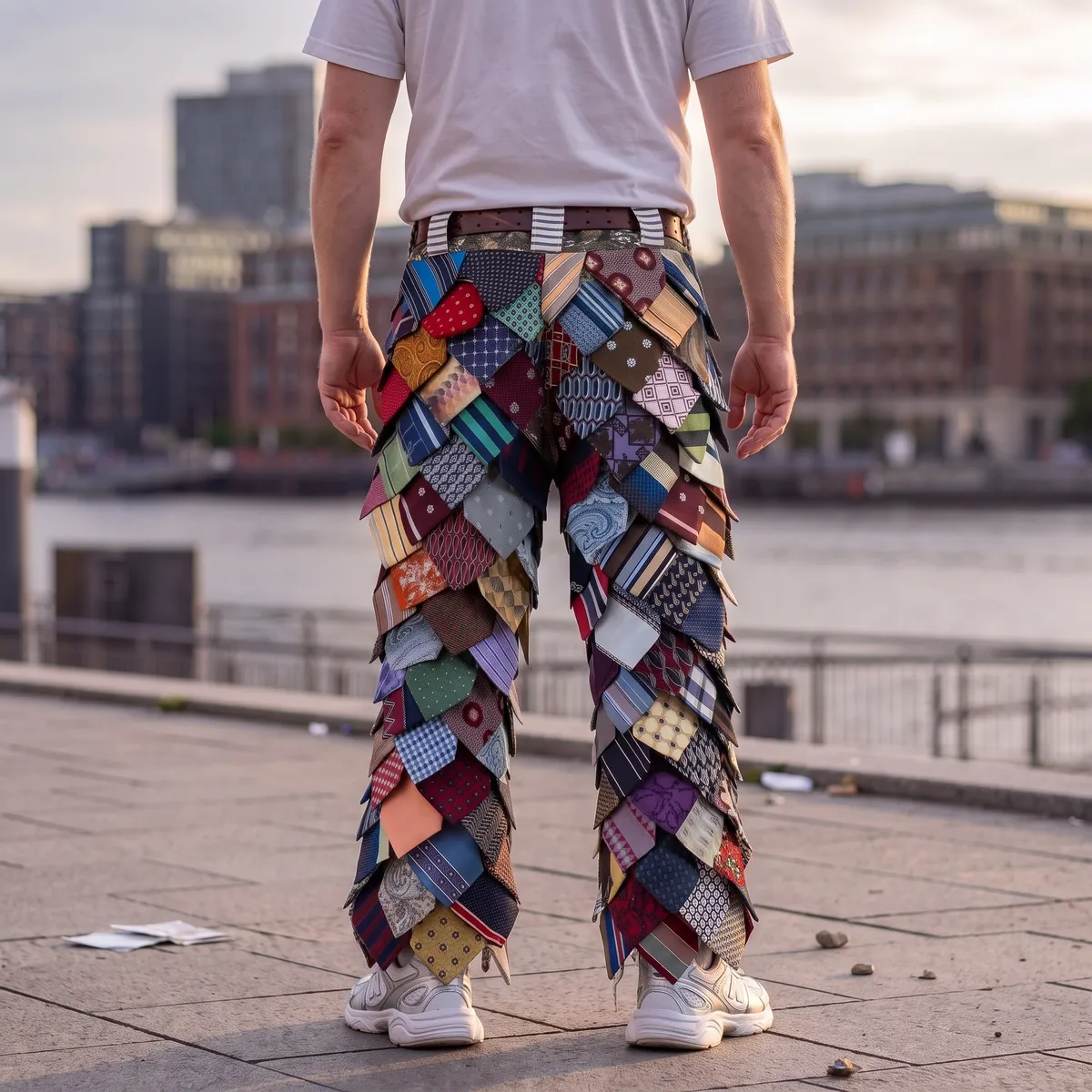 Pantalones de patchwork de corbatas — Back View Half Body Bottoms